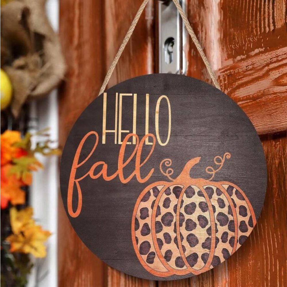 “Hello Fall” Pumpkin Wood Hanging Sign NEW 🏷️